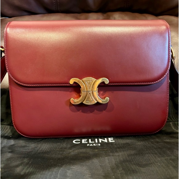 Celine triomphe classique box Medium Calfskin Dark red Wine red canvas handbag - Picture 2 of 16
